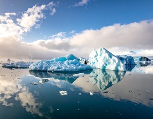 Azure icebergs mirrored on tranquil water under a dramatic sky
