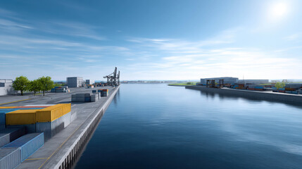 Obraz premium Realistic Drone View of an Automated Shipping Port with Containers and Calm Water Under Bright Sky