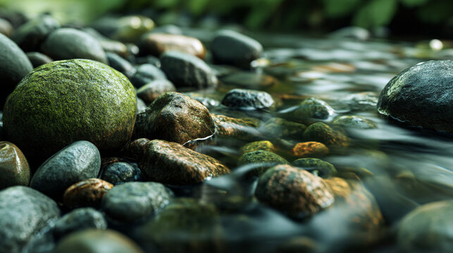Serene riverbed with smooth stones