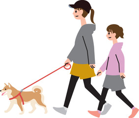 カジュアルな服装で柴犬の散歩をする親子（若いお母さんと娘）