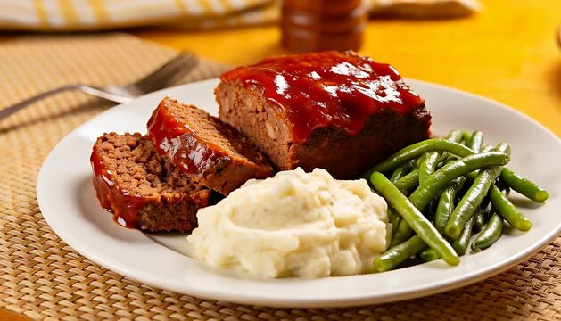 Savory meatloaf dinner plate with mashed potatoes and green beans, comfort food meal, delicious homestyle.