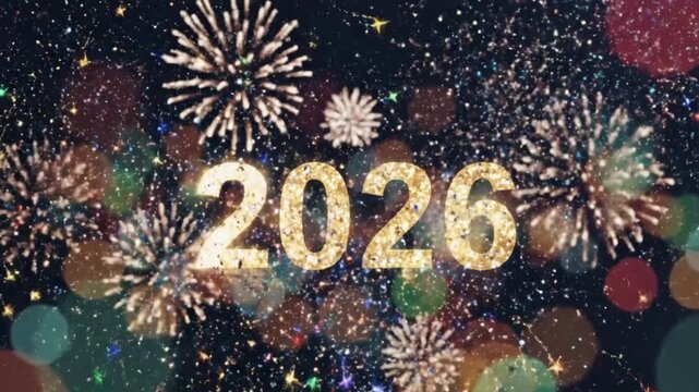 Magical star rain animation with sparkling colorful particles, layered bokeh effects, abstract dreamy motion, celebration background for new year 2026, soft cinematic noise, fluid seamless
