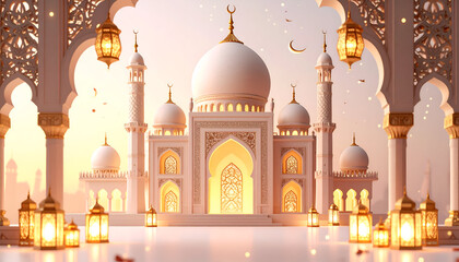 A greeting card featuring intricate Arabic architecture details around the border and soft script in the center