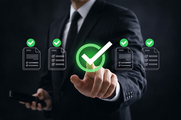 Corporate executive touching a glowing green check mark icon on a virtual screen representing successful project completion and quality assurance standards compliance