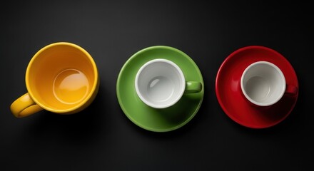 Top-Down View of Yellow, Green, and Red Coffee Cups on a Dark Black Background