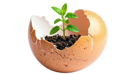 A small green plant sprouts from a cracked eggshell filled with soil