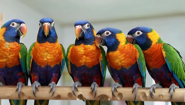 colorful 4K close up of playful Pyrrhura parrots perched indoors on wood interacting and socializing with expressive movements that showcase personality fea rs and charming animal