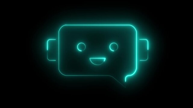 Glowing cyan Neon robot Silhouette with Speech Bubble on Black Background. neon Chatbot icon symbol concept. Voice support service bot. AI Agents and AI driven messaging systems Communication Concept.