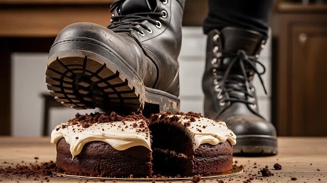 boots step on chocolate cake in kitchen