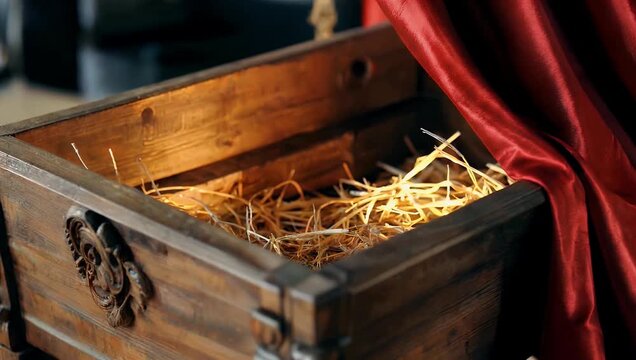 cinematic 4k slider shot of wooden manger filled with hay illuminated dramatically beside red satin curtain evoking nativity mes warm lighting and traditional holiday