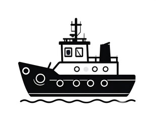 Obraz premium Black and white illustration of a boat with a cabin, smokestack, and antenna. It's sailing on waves
