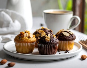 Close-up of muffins with almonds, coffee cup, and coffee beans