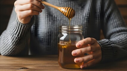 Person drizzling golden honey from a wooden dipper into a glass jar on a wooden table.