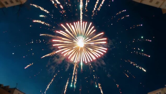 colorful 4k abstract clip of out of focus fireworks lighting night sky during celebration of saint stephen’s day creating dreamy lights festive bokeh and holiday - Powered by Adobe