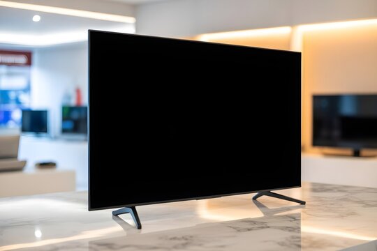 Closeup of black screen LCD tv on marble countertop in modern tv shop, LCD tv display 