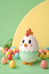 Adorable 3D Cartoon Chick and Colorful Easter Eggs