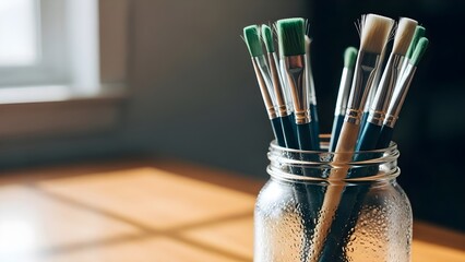 A Collection of Paint Brushes in a Glass Jar on a Wooden Surface.