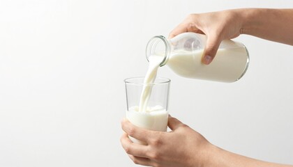 Hands pouring fresh milk from a glass bottle into a clear glass on a white background, close-up breakfast beverage scene