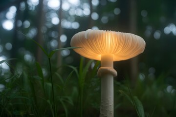 A glowing mushroom in jungle at evening 