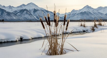 Tranquil winter landscape with majestic mountains, pristine snow, and cattails
