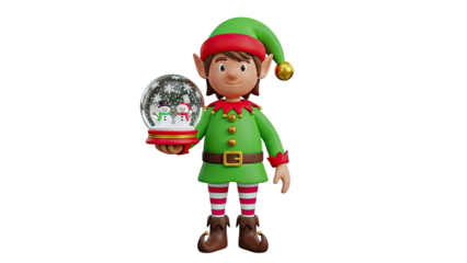 Festive Elf Holding Snow Globe with Snowmen - 3D Render