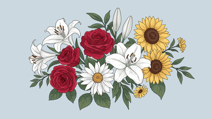 Elegant Botanical Illustration: Vibrant Bouquet with Red Roses, White Lilies, Sunflowers, and Daisies on a Soft Blue Background