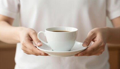 Hands holding a white ceramic cup and saucer filled with black coffee, close-up view with a casual white shirt and neutral background