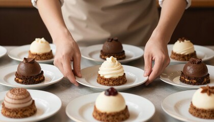 Chef arranging bite-sized plated mousse desserts on white plates, assorted chocolate and vanilla domes