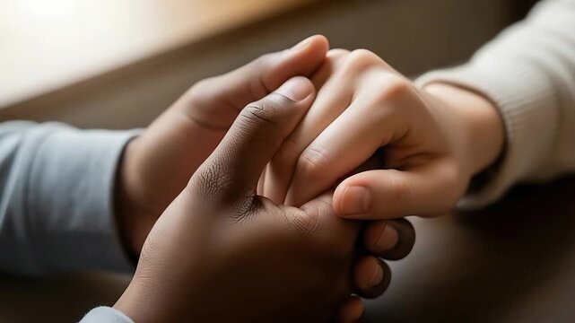 diverse hands clasped in supportive embrace closeup