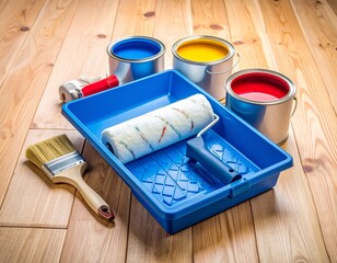 Set of paint rollers, brush, paint cans and blue tray neatly arranged on clean wooden floor, suggesting careful preparation for renovation.