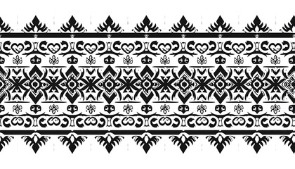 Black and white symmetrical decorative border pattern, featuring repeating geometric and floral-like elements along a horizontal line