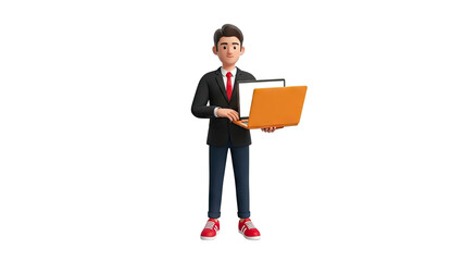 3D Businessman Character Holding Orange Laptop, Isolated White Background