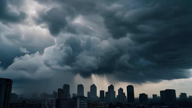 A dramatic view of a city skyline under a heavy, dark storm cloud with rain falling over the buildings.