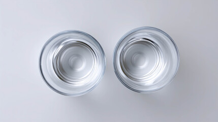 Aerial View of Two Transparent Glass Cups Filled with Clear Water Casting Circular Reflections on a Light Background