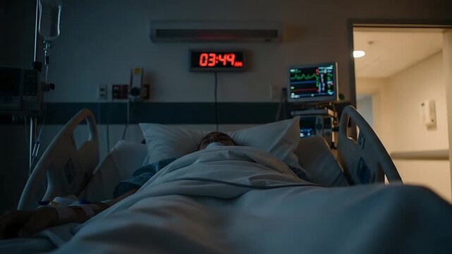 hospital patient in icu bed with monitors at night