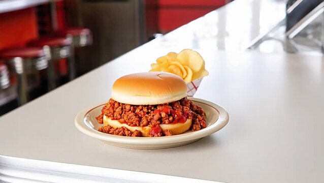 Classic sloppy joe sandwich served with potato chips, diner food, comfort meal, american classic, burger, bun.