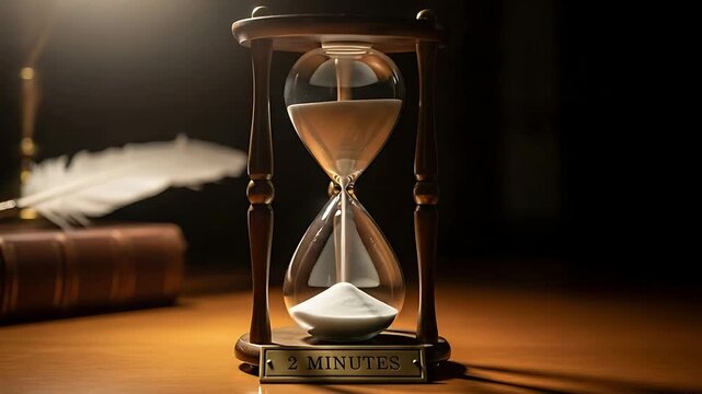 hourglass on wooden desk, vintage time timer with flowing sand