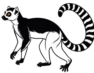Obraz premium Black and white illustration of a ring-tailed lemur, showing its distinctive markings and long, striped tail. The primate stands in profile