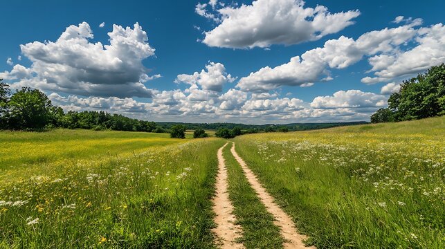 Scenic dirt path through a vibrant green meadow under a blue sky
