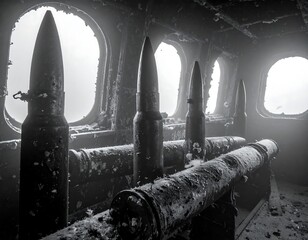 Black and white underwater photo showing remnants of war, with long, cylindrical shells lined up inside a vessel