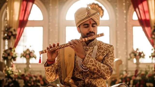 indian groom in ornate sherwani playing flute at luxury wedding