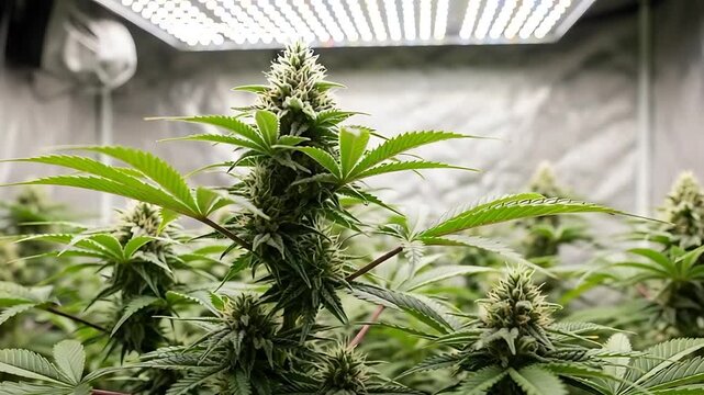 indoor cannabis grow room with lush cannabis plants under led lights