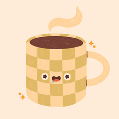 Cute teal checkered mug with funny eyes and mouth, tea or coffee, steam cloud above, soft hand drawn doodle vector with muted, cozy colors for kids design, sticker, poster, card, banner, invitation