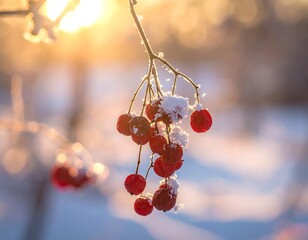 Close-up of snow-covered red berries hanging from a branch at sunset
