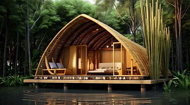 Eco friendly bamboo hut on water.