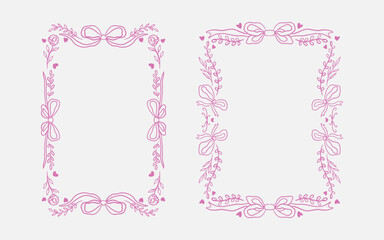 Set of whimsical line art coquette pink border frame with bow ribbon, floral branches illustration for valentine, wedding, birthday, mother day, baby shower