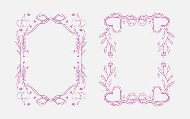 Set of whimsical line art coquette pink border frame with bow ribbon, floral branches, cherry illustration for valentine, wedding, birthday, mother day, baby shower