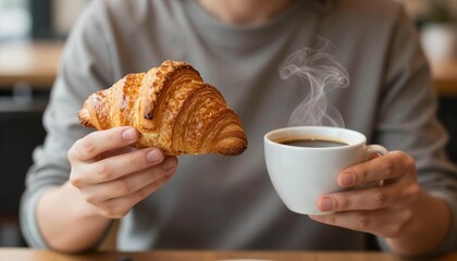 Hands holding a buttery croissant and steaming cup of coffee at a cozy cafe table, close-up morning breakfast scene