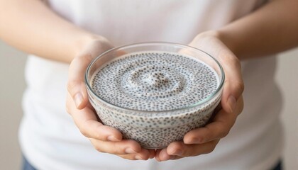 Person's hands holding a glass bowl of creamy chia seed pudding with visible speckled texture