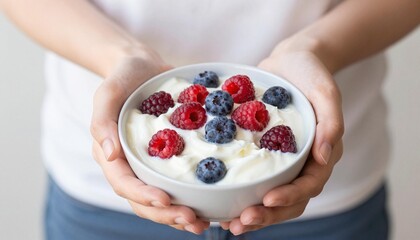 Hands presenting a white bowl of creamy plain yogurt topped with fresh blueberries, raspberries, and blackberries, a healthy simple breakfast or snack